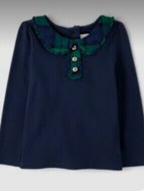 NWT Gymboree Navy Long-Sleeve Girls Top with Green Plaid Trim, Size 3T